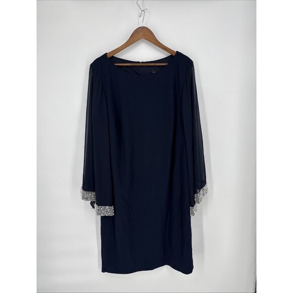 Xscape Womens Plus Size 20 Navy Blue Beaded Bell Sleeve Formal Evening Dress NWT - Picture 3 of 10